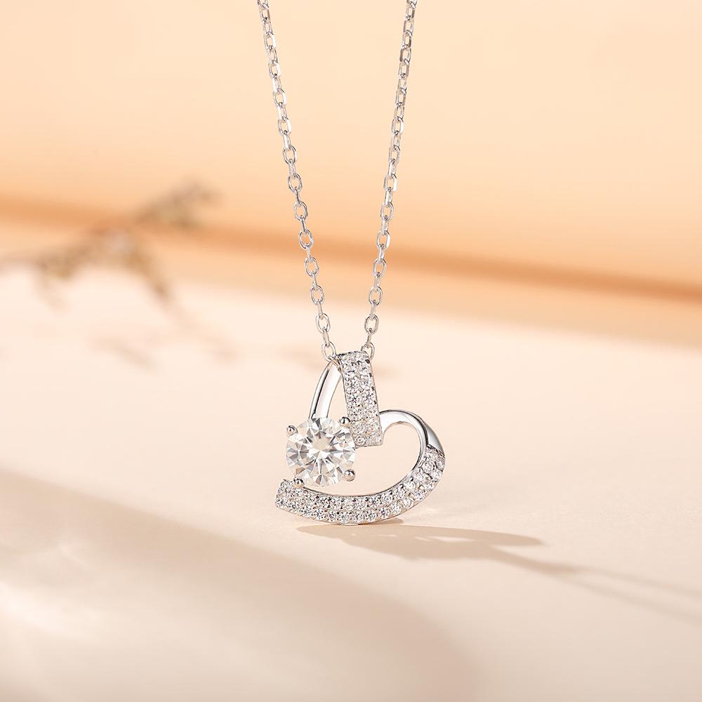 925 Sterling Silver Moissanite Heart Pendant Necklace for Women
