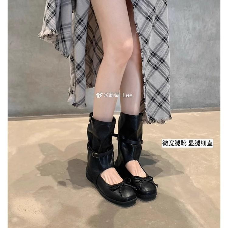 Grape Mother Has the Same Fashionable Square Round Head Bow, Shallow Mouth Mary Jane Medium Boots Temperament Casual Versatile Cool Boots Women