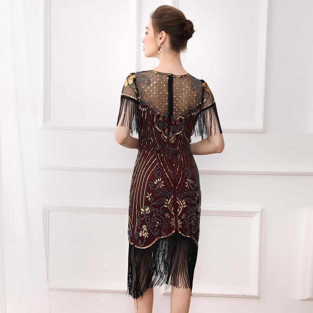 Vintage 1920s Sequin Beaded Ball Gown with Embroidery & Tassels - Plus Size Cocktail Dress