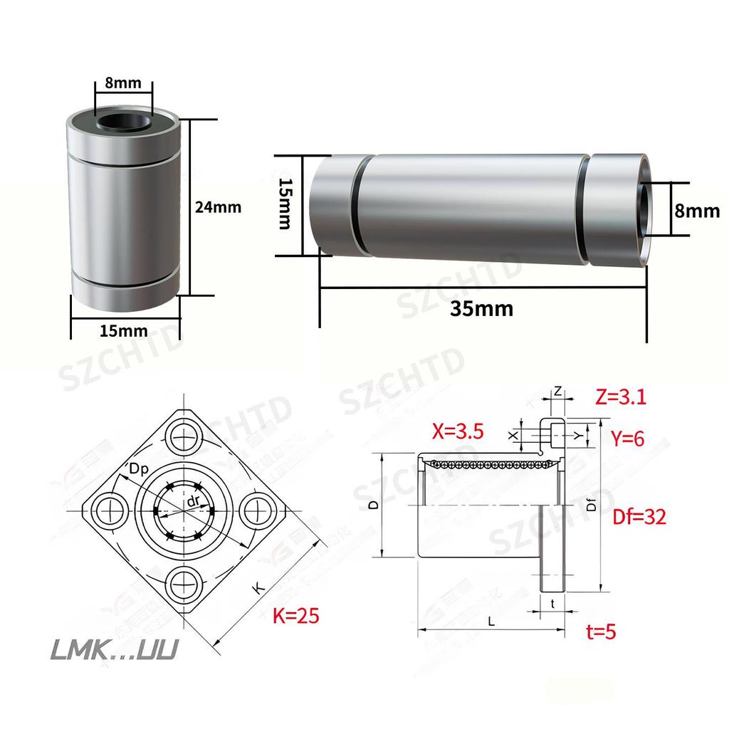 LM8UU Series 8mm ID Linear Bearing, LMK8UU Flange, Wear-Resistant, Smooth.