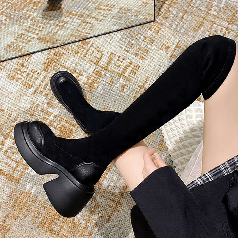 Black Suede Elastic Boots Women's Winter New Thick-soled Heel Over Knee Boots Skinny Boots Socks Boots Long Boots