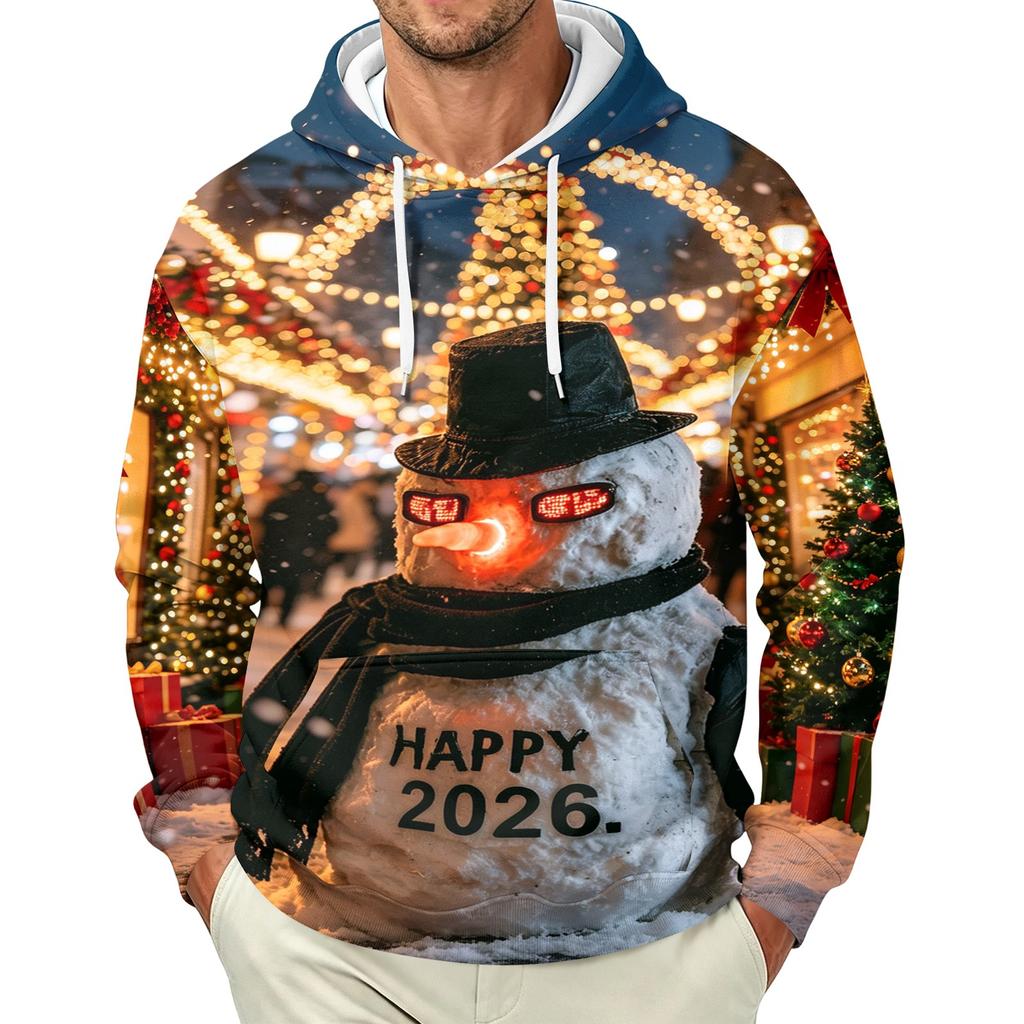 Men's Long Sleeve Hooded Sweatshirt with Christmas Print for Holiday Casual Wear