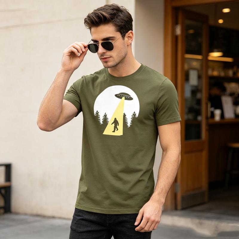 Unisexs UFO Sasquatch Bigfoot T Shirt Alien Moon Forest Graphic Tee Casual Cotton Short Sleeve For Outdoor And Sci Fi Fans
