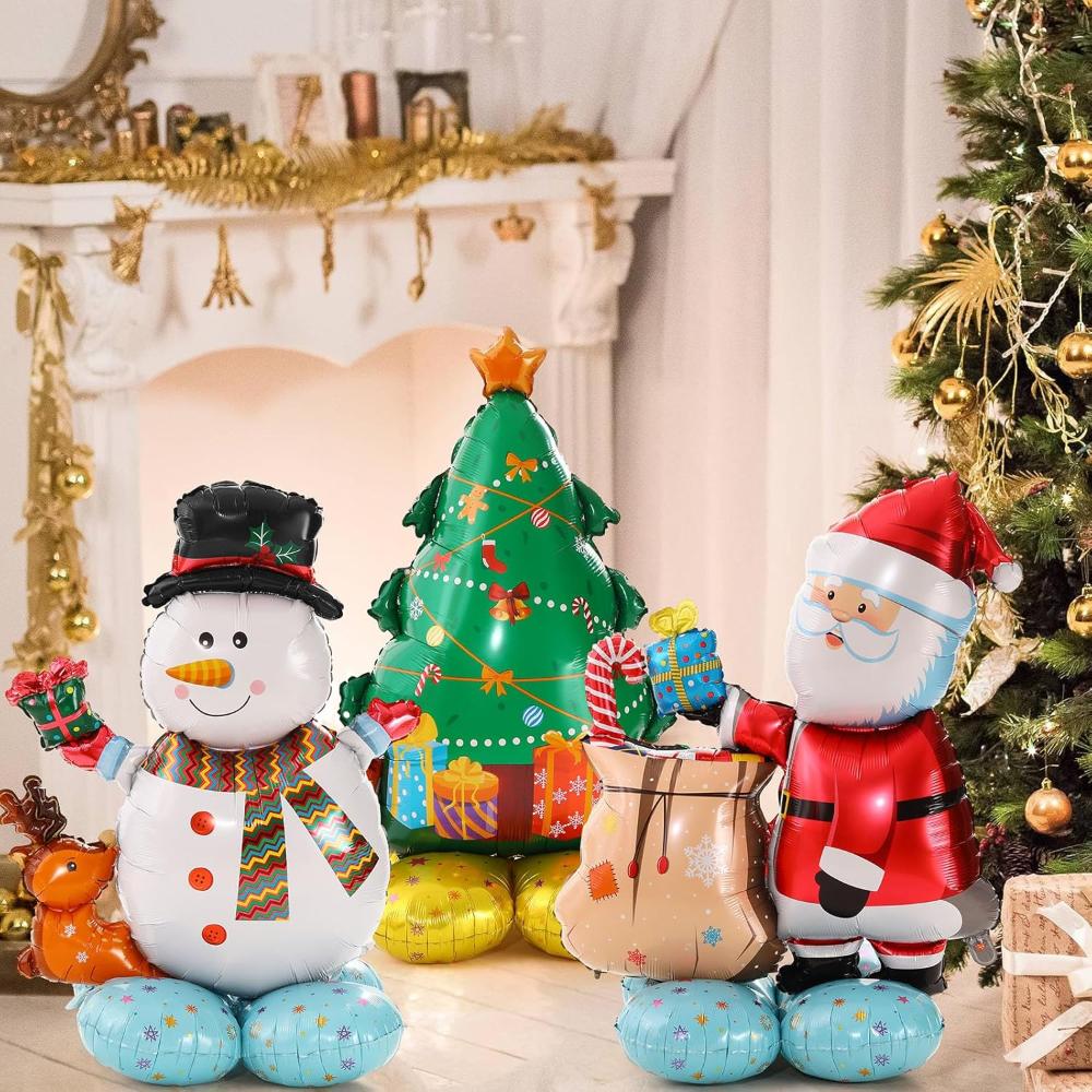 3 Pcs Christmas Balloon Giant, 4D Christmas Tree Santa Claus Snowman with Base Balloon for New Year Party Decorations Supplies