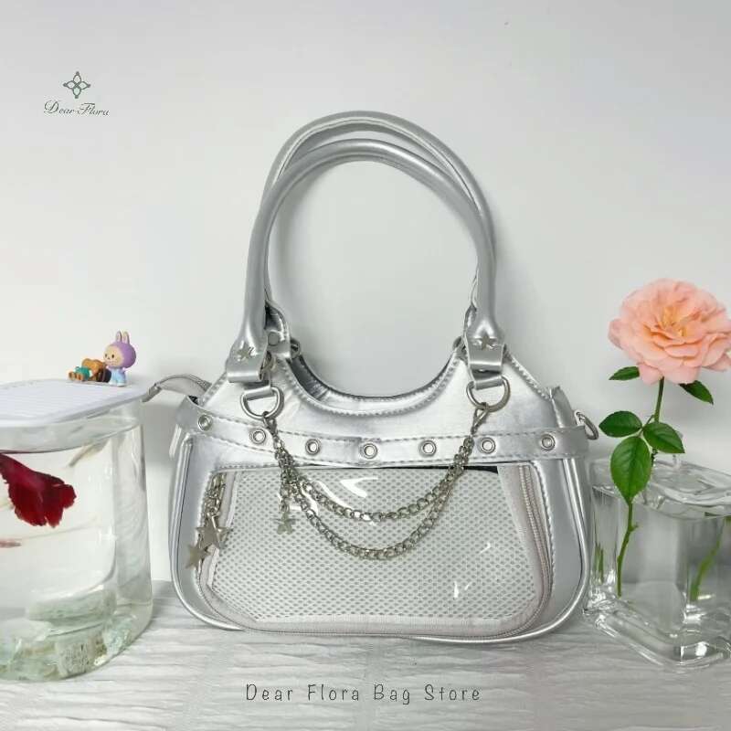 

Y2k Fashion Women Shoulder Bag Cute Sweet Ita Bag Lolita Girls Transparent Pocket DIY Display Handbag Fashion Underarm Bag Purse 27x17x8cm срібний