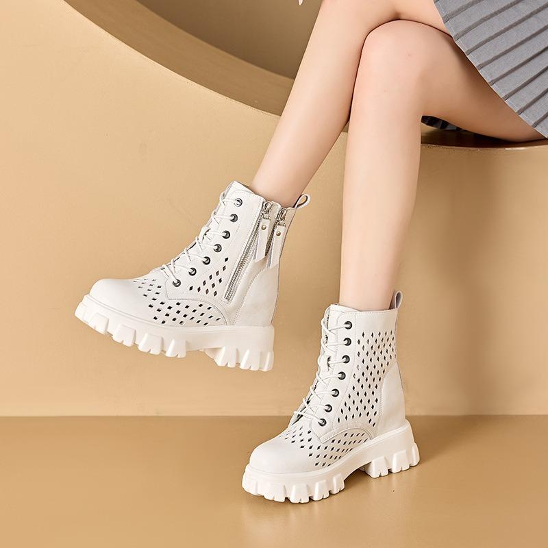 Spring Leather Heightening Mesh Martin Boots Women's Retro Hollow High Heel Lightweight Cool Boots Women