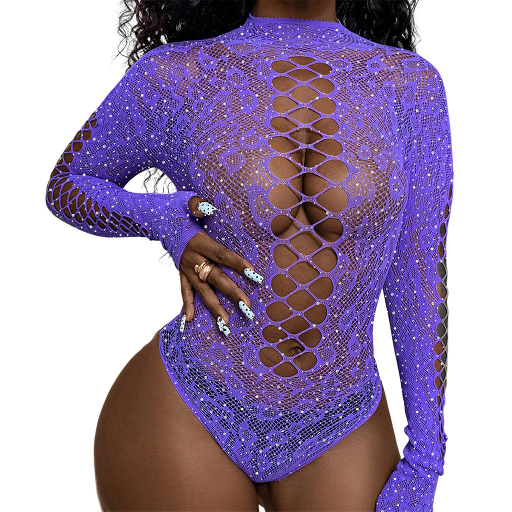 Women Lingerie See Through Fishnet 3/4 Sleeve Bodysuit Sparkling Rhinestones Cold Shoulder Leotard Tights Jumpsuit Top