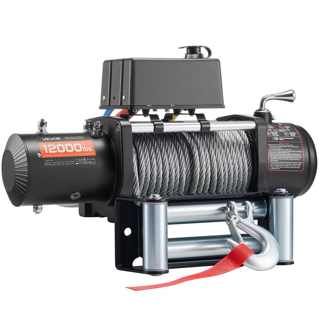 Electric Winch, 5400 kg Load Capacity, 12V DC Truck Winch with 9.1 mm x 26 m Steel Rope, Wireless & Wired Remote Control, Suitable for Towing SUV Jeep