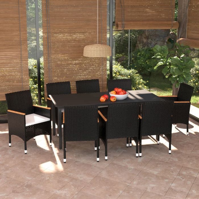 Ensemble table et chaises - MAISON EXCLUSIVE - 9 pièces - Résine tressée - Coussins rembourrés - Accoudoirs acacia