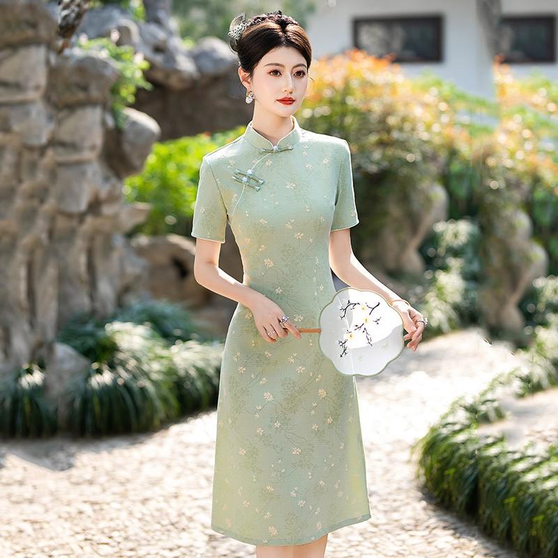 Slim Fit Chinese-Inspired Short Sleeve Dress Women Vintage Style 2025 Qipao