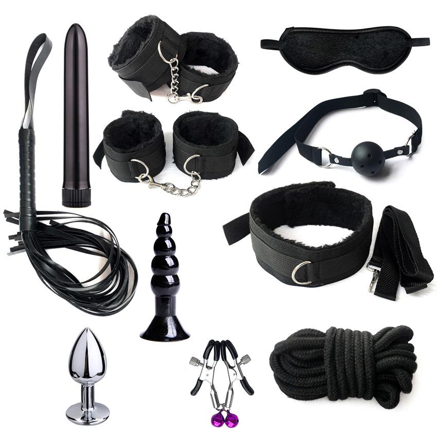 SM Fetish Bondage Erotic Toy Restraint Set Sex Toys For Women Handcuffs Whip Binding Anal Plug Vibrator Couple Sexy Tool