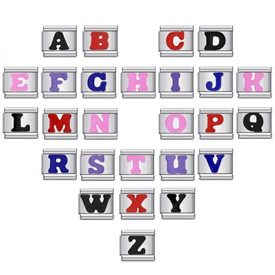 Black Red Blue Pink Purple Glaze 26 English A-Z Letters Charm Italian Links Fit 9mm Bracelet Stainless Steel Jewelry DIY Making