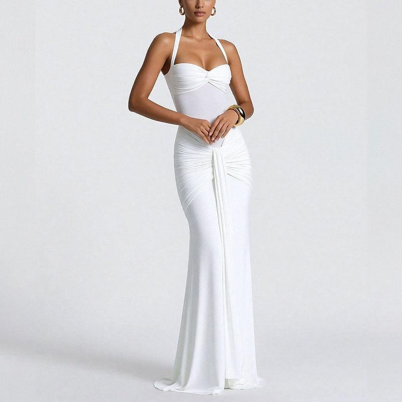 European and American Women's Clothing, New Spring Models, Neck Strap, Solid Color Hip-wrapped Long Dress Dress.