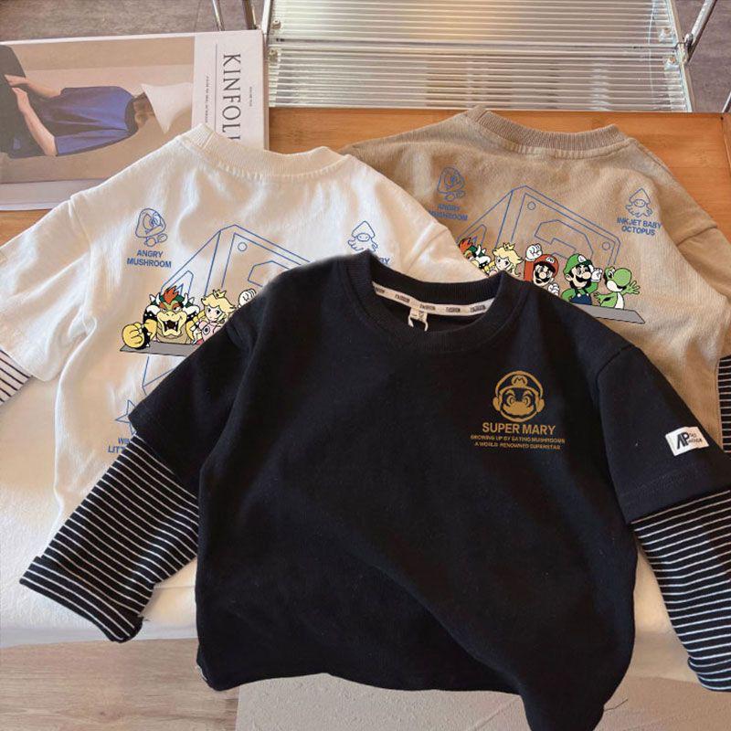 Boys Spring Autumn Cotton Fake Two Piece Long Sleeve T Shirt Loose Fit Stylish Cool Top