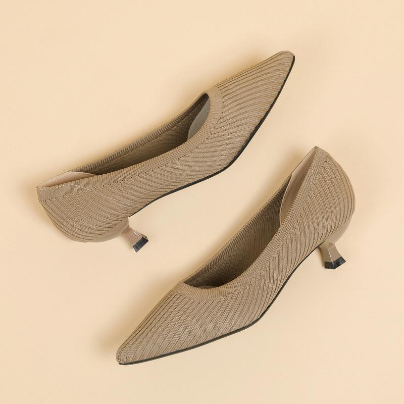 New versatile thin heel pointed fly-woven women's shoes are not stuffy knitting