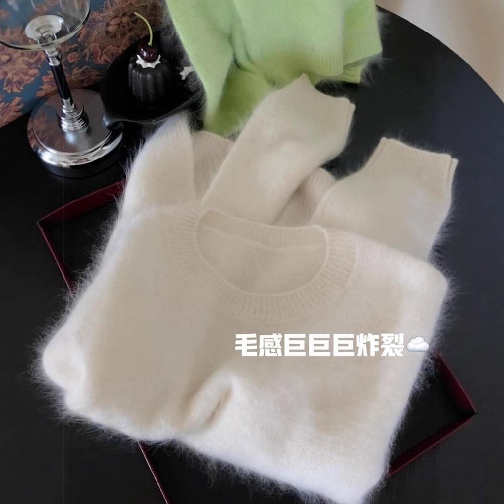 Super gutaussehender weißer weicher wachsartiger Mohair-Innenpullover für Damen, Herbst und Winter, hochwertiges warmes Strickoberteil