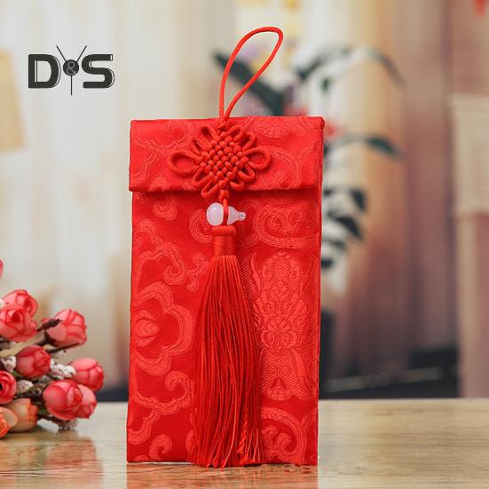 Plic roșu din mătase artificială Nuntă chinezească Buzunar roșu Lucky Money Hongbao Card Plic pentru numerar cu nod chinezesc pentru nunta la Festivalul de primăvară de Anul Nou