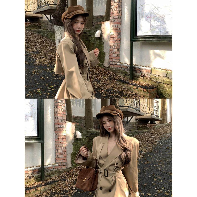 

Kumikumi High Sense Khaki Strap Trench coat Outerwear Women clothes Autumn Elegant All-Match Loose Slimming Top Khaki M