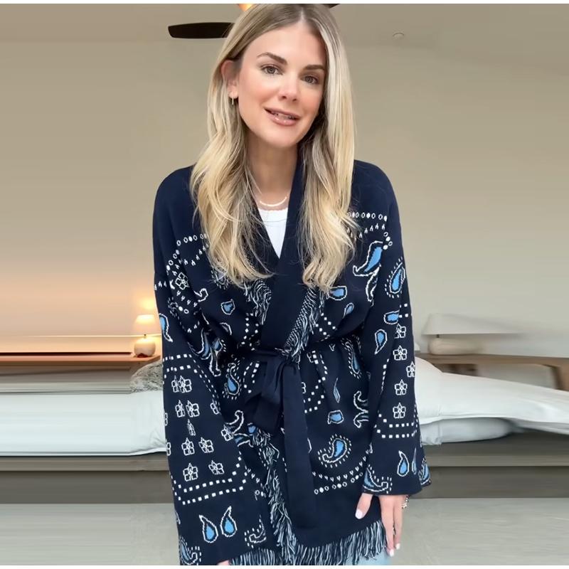 Střapcový Patchworkový Pletený Kardigan Dámský Geometrické Vzory Pásky Výstřih do V Dlouhý Rukáv Pletený Street Lady Svetr 2025 Podzimní Kabát