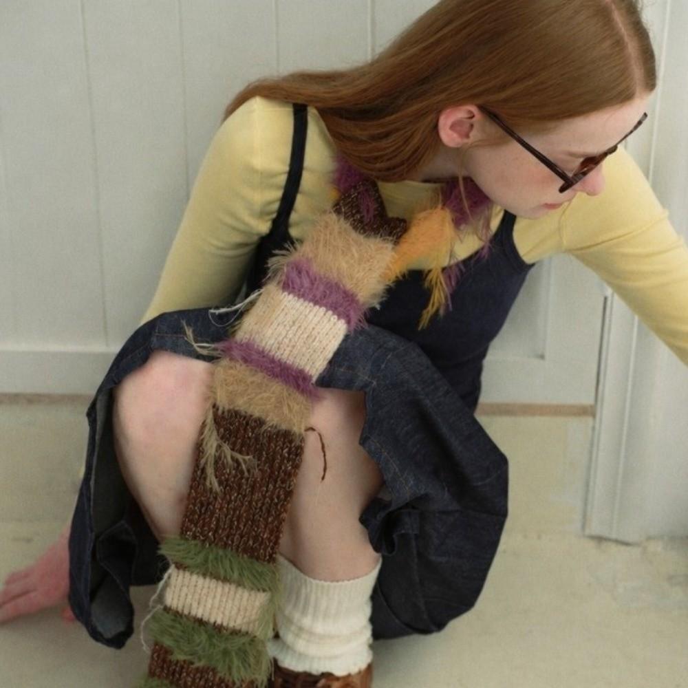 Soft Fabric Knitted Scarf Irregular Tassel Long Scarf Warm Stripe Scarf Autumn Winter