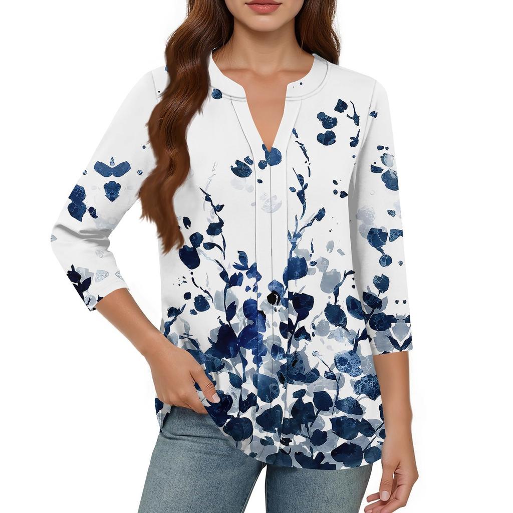 Women's Tops Casual Three-quarter Sleeve V-Neck Printed Pleated Loose Top