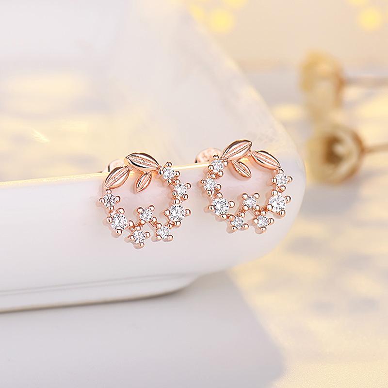 Elegant Rose Gold Leaf Garland Earrings, Silver Needle Fashion Jewelry For Women Fine Gift & Matching