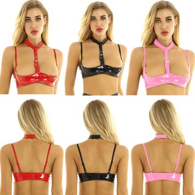 Womens Sexy Patent Leather Lingerie Open Cup Shelf Bra Crop Tops