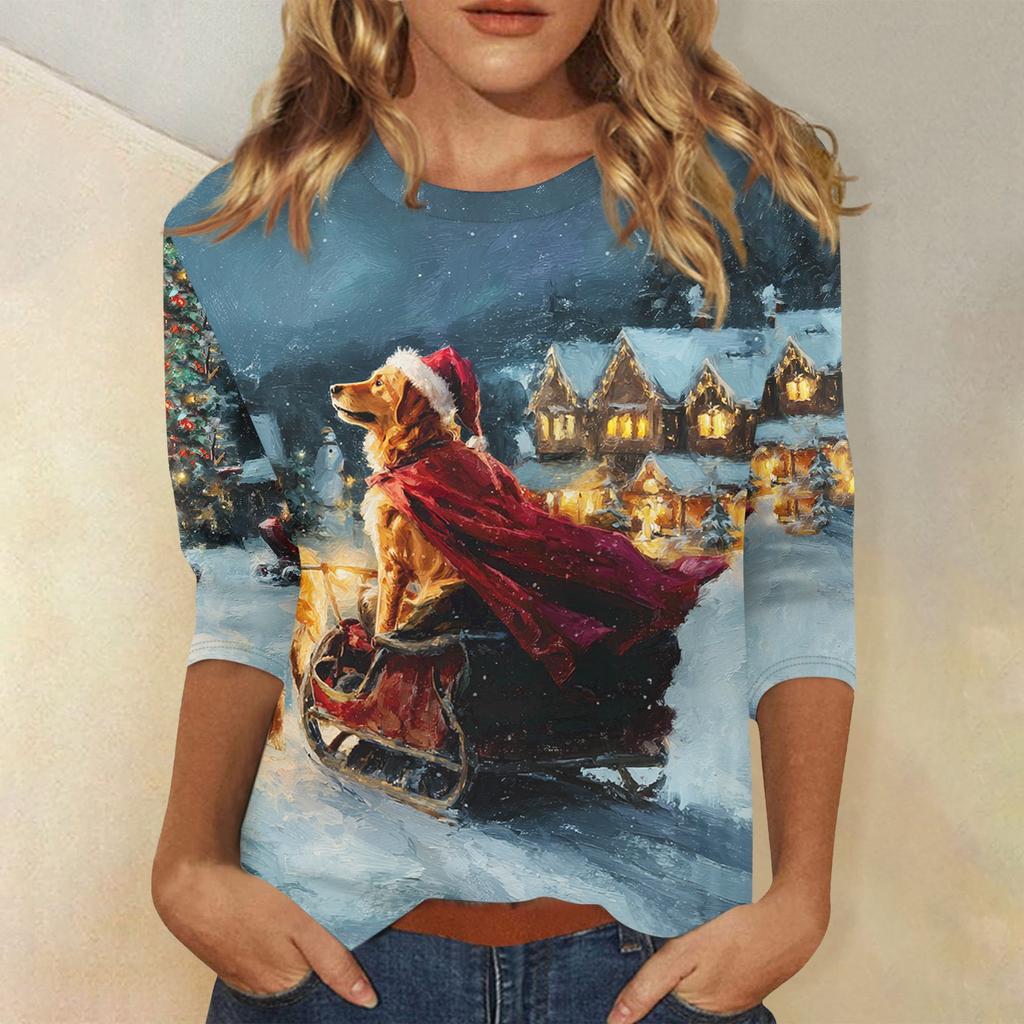 3/4 Sleeve Shirts For Women Print Christmas Tees Blouses Casual Plus Size Basic Tops Pullover