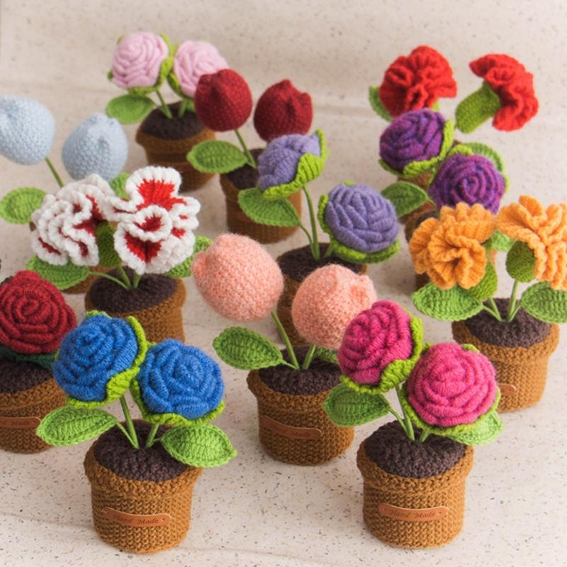 Cute Crochet Rose Flower Arrangement Small Knitting Potted Plant Ornament Home Office Desktop Decors For Wedding Gift