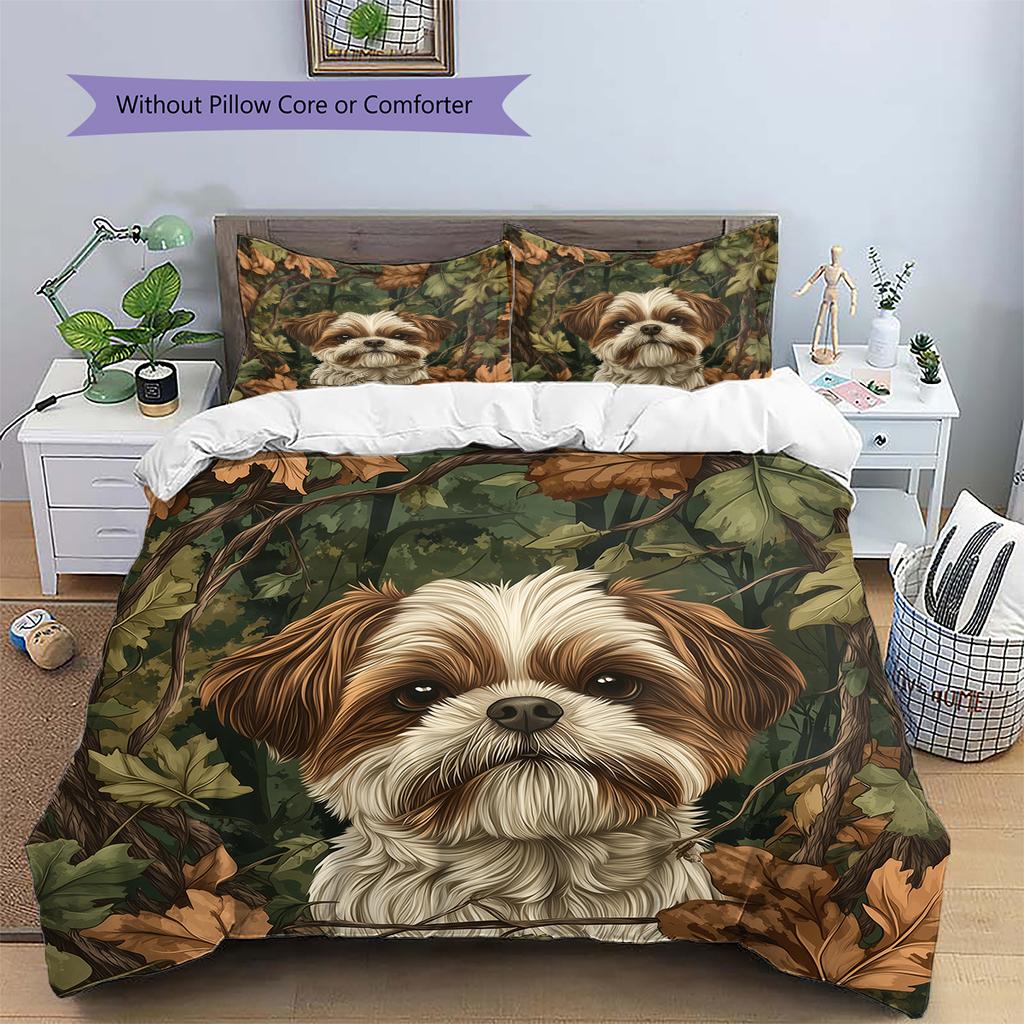 Vintage Shih Tzu Pattern Bedding Home Decoration Birthday Gift (1 * Duvet Cover + 2 * Pillowcase, Without Core)