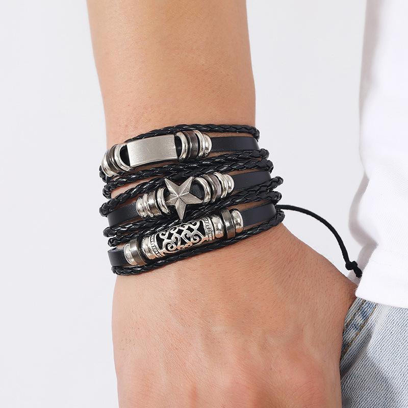 Vintage Punk Style Woven Leather Bracelet DIY Fashion Bangles with Feather Cross Accessories for Men