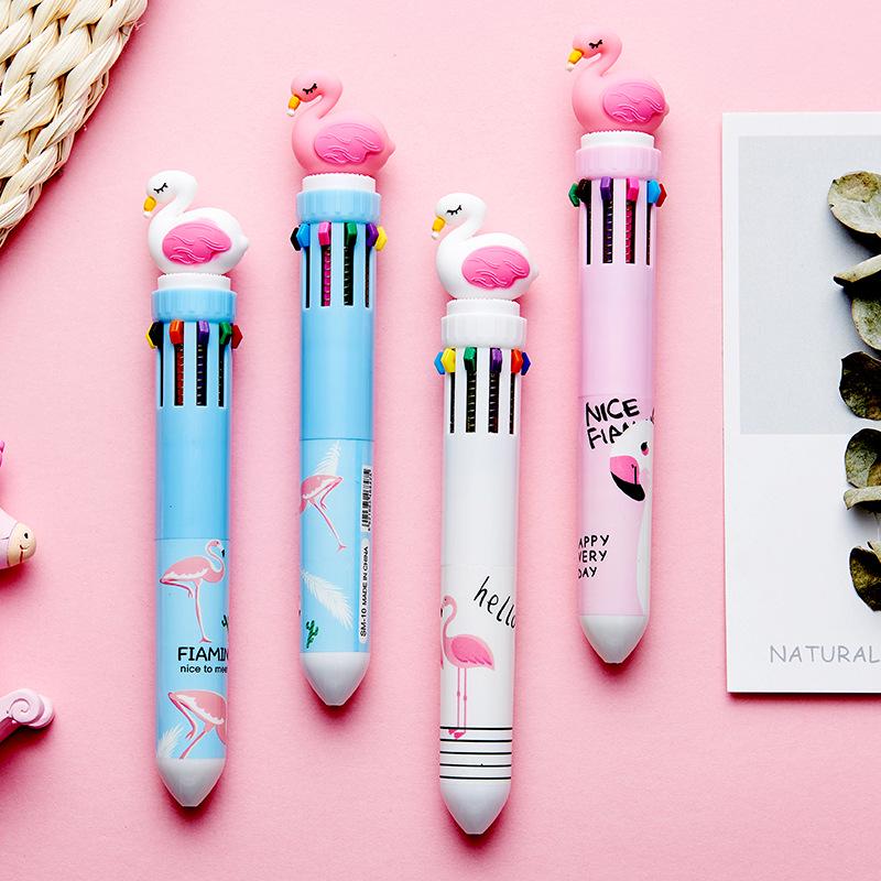 Flamingo Pastel Girly Heart Series 10-color Ballpoint Pens, Multicolor Student Office Hand Account Colored Stationery