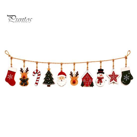 Holiday Party Wall Decor Vintage Christmas Hanging Bunting Garland, 2D Flat Wooden Snowman Elk Stocking Festive Window Showcase Ornaments Tree