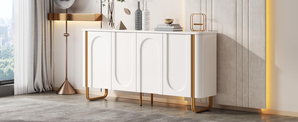 Sideboard Buffet MDF Iron Feet 4 Doors Arch Relief Rounded Corners Push-to-Open Staggered Storage Living Room