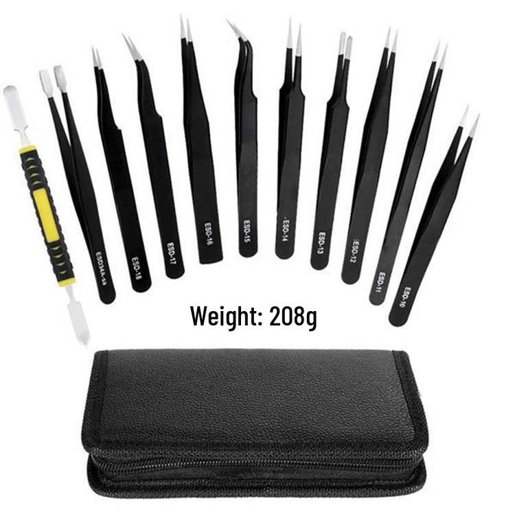 Anti-static Black Stainless Steel Tweezers Set: Pointed & Bent Tips for Eyelash Extension & Machine Disassembly