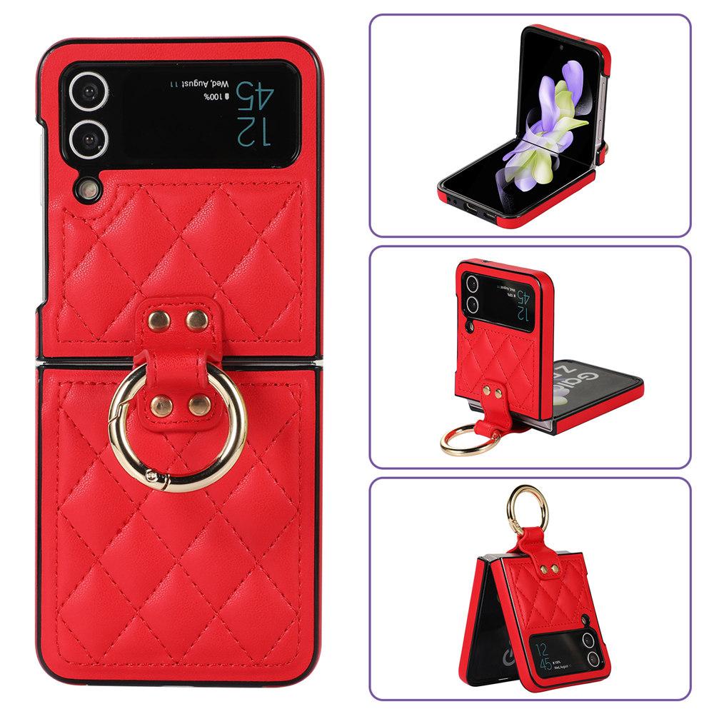 Leopard Print Ring Phone Case For Samsung Galaxy Z Flip 7 6 Flip 5 Flip 4 3 Rhombic Leather Cover Coque