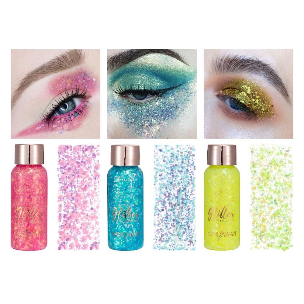 HANDAIYAN Chunky Glitter Face and Body Gel Set, Holographic Liquid Sequin Shimmer Eyeshadow, Sparkle Festival Hair Makeup for Stage Rave Party