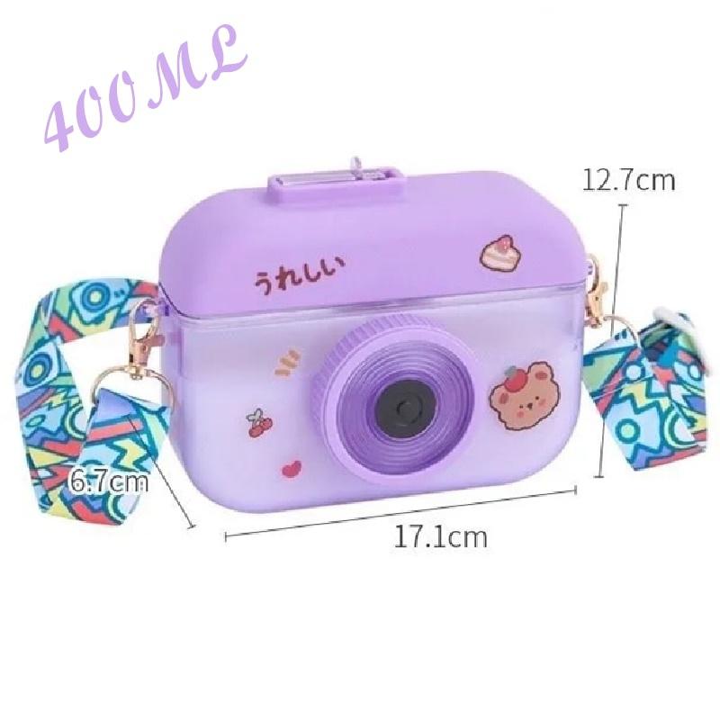 Bollitore per fotocamera carino da 400 ml Bottiglia d'acqua creativa per bambini con cannuccia Tazza per acqua potabile in plastica con cinturino portatile anticaduta per esterno