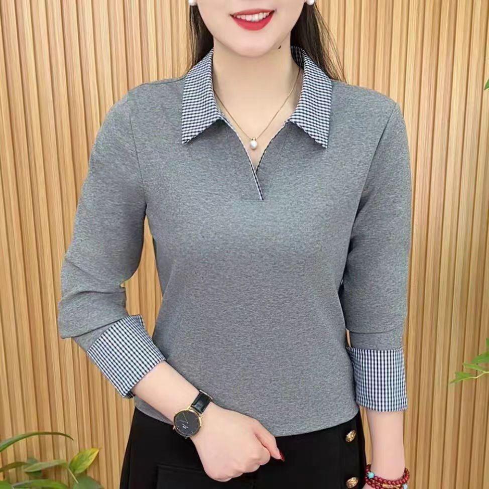 Spring Color Block Slim Fit Long Sleeve Blouse - Versatile, Age-Reducing Fashion.
