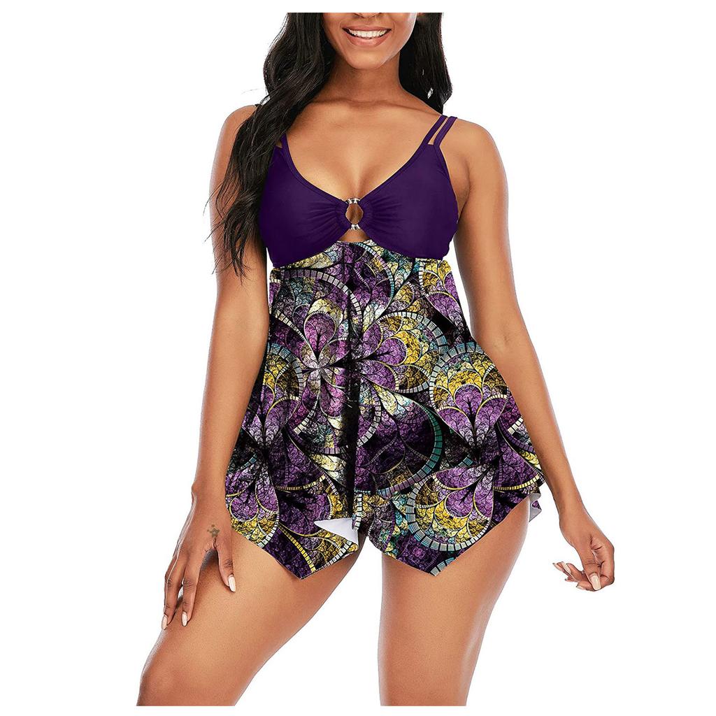Plus Size Two Piece Swimsuit Women Tankini Set Adjustable Straps Ruched Front with Skirted Bottom Swimwear for Beach Pool