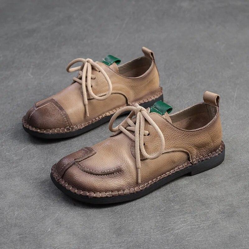 Johnature Damenschuhe aus echtem Leder mit weicher Sohle, Vintage-Stil, runde Spitze, Schnürung, vielseitige, bequeme, flache Schuhe