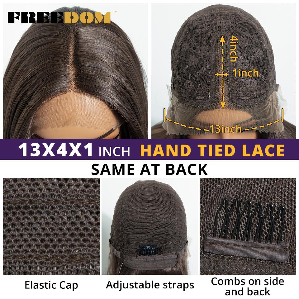 FREEDOM Synthetic Lace Front Wigs For Women 26 inch Straight Layered Wig With Bangs Ombre Brown Blonde Highlight Daily Party Wig