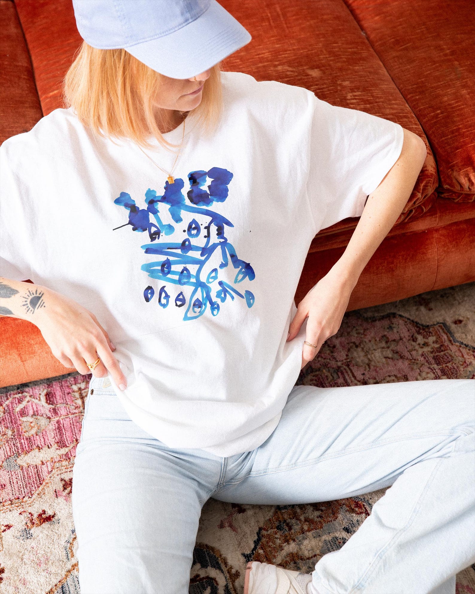 Blue ink illustrated T-shirt S