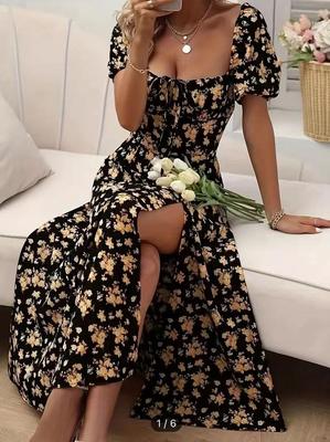Women's Casual Floral Print Dress Elastic Waist Midi Dress with Short Puff Sleeves and Square Neckline Summer Dress