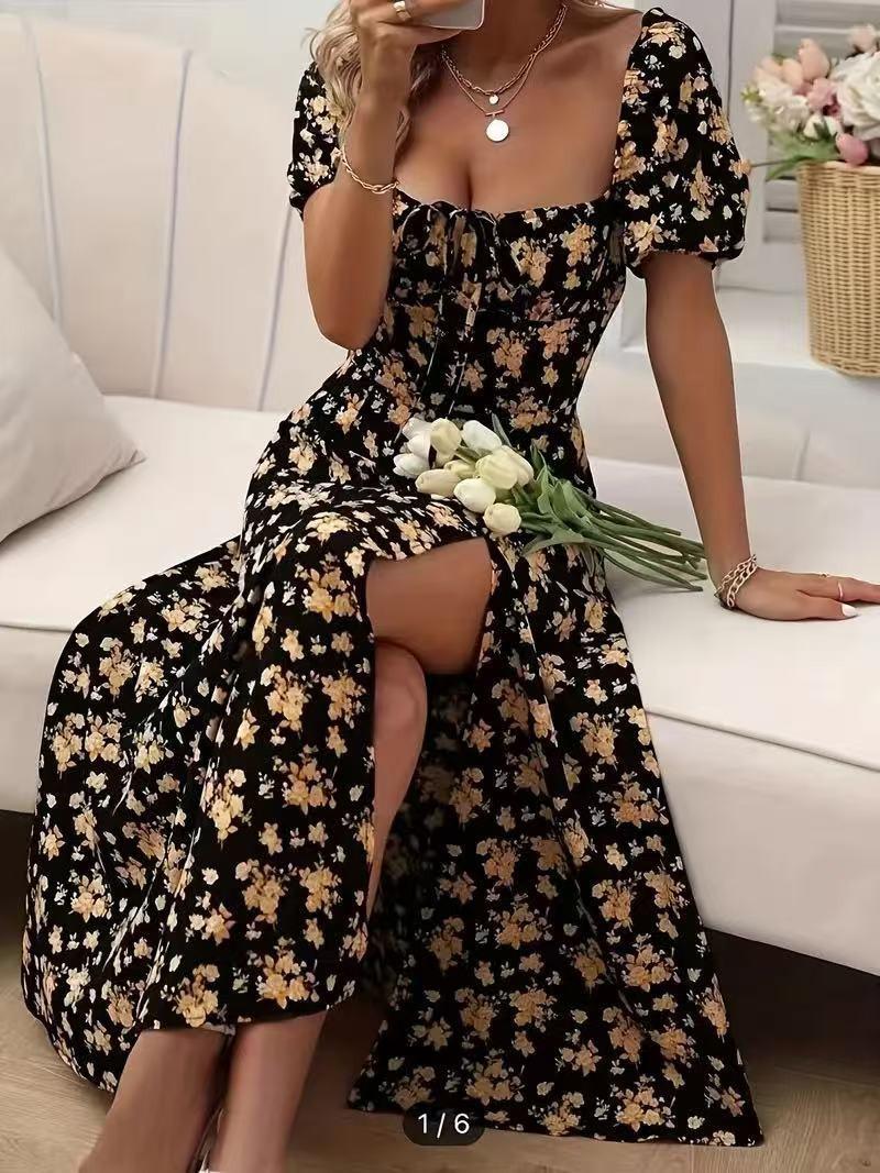 

Women s Casual Floral Print Dress Elastic Waist Midi Dress with Short Puff Sleeves and Square Neckline Summer Dress XL чёрный