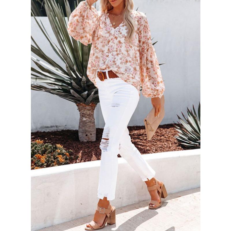 YYFS Women's Fashion Casual Spring Autumn Flower Pattern Print Long Sleeve V-Neck Blouses & Shirts