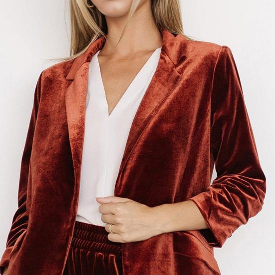 Women's Velvet Blazer Ruched 45720 Sleeve Lapel Open Front Cardigan