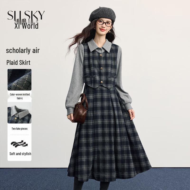Sllsky Women s Plaid Patchwork Knitted Dress L