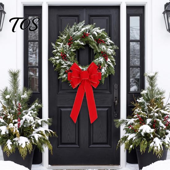 Christmas Door Hanging Bow Large Velvet Bow, Red Plush Wreath Holiday Tree Topper Outdoor Weather Resistant Decor Ornament for Valentine's Day, Home,