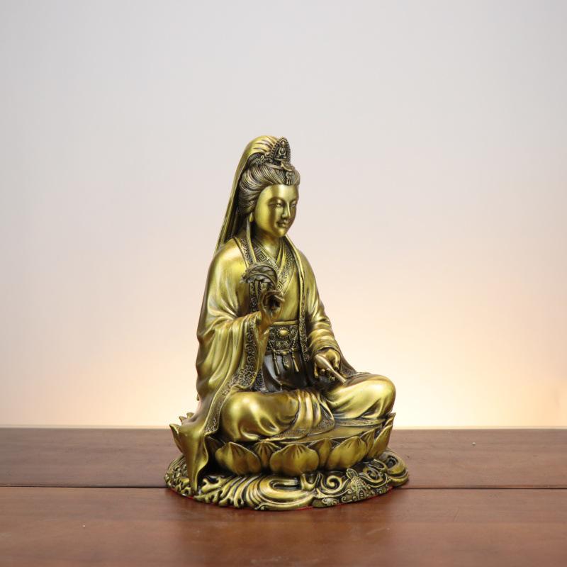 Brass Guanyin Buddha Statue Ornament Vase with Willow, Sitting On Lotus - Large and Small Copper Bodhisattva Guanshiyin Miaoshan